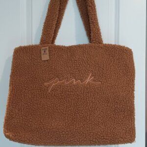 NWT Victoria's Secret PINK Camel Brown Sherpa Tote Cozy Plush Bag Snap Close